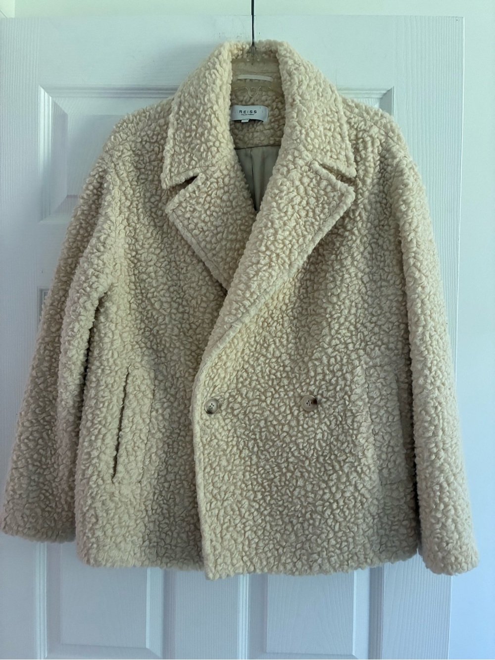 Reiss Scarlet Teddy Bear Coat Cream Boucle Wool Blend Italian Fabric Size 6